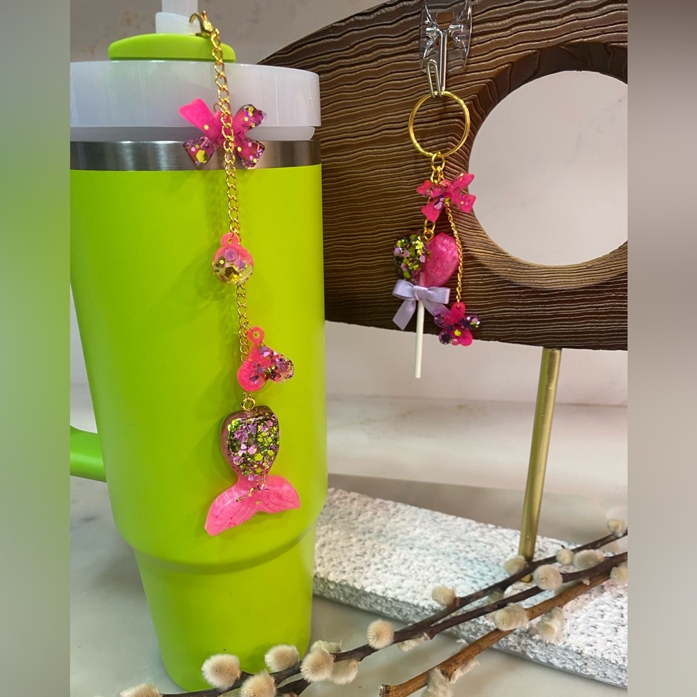 2 pieces mermaid set Stanley cup charm w/straw silicon & keyholder party favors